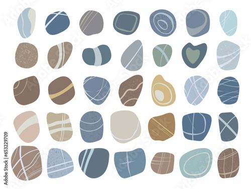 Beautiful sea river small pebbles various colours and shapes isolated on white background. Flat style