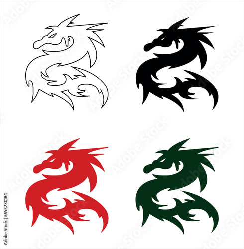Dragon vector illustration. Black, red and green dragons. Symbol of 2024.