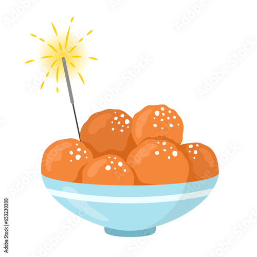 Oliebollen. Bowl with Dutch traditional doughnuts with sugar. Typical fried sweets for New Year celebration. Vector illustration isolated on white background.