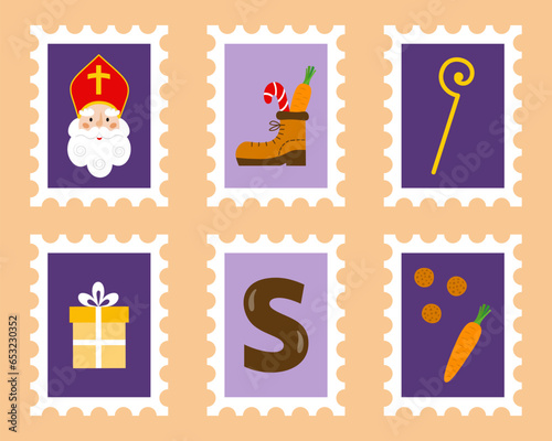 Postage stamps with Dutch or Belgium winter holiday symbols. Sinterklaas, crosier, gift box, shoe, carrot with pepernoten cookies and chocolate S letter. Saint Nicholas Day theme. Vector illustration.