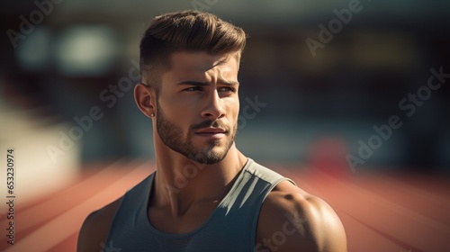 Portrait of handsome athlete runner man standing on running track