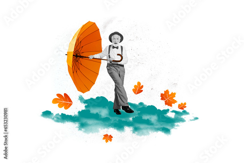 Composite creative photo illustration collage of senior funny man dancing on cloud with umbrella isolated on white color background