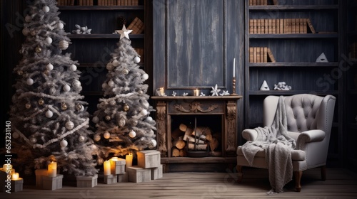 Christmas Interior Postcard Background. Gifts and Decorated by the Fireplace and Xmas Tree in cozy home holiday ambience. Generative AI. © Gasi
