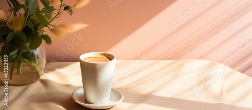 Minimalist morning scene with a mobile phone coffee cup vase and sunlight shadows on a beige table