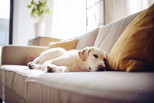 Cute sleepy dog resting on the sofa in the bright living room photo