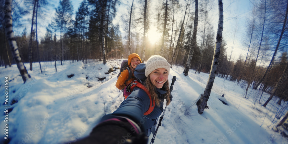 Two girls hiking in a Nordic forest in winter, taking a selfie on an action camera, carrying a hiking backpack and tracking poles
