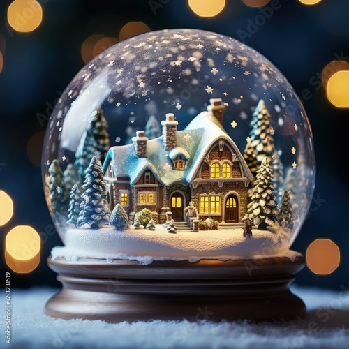 Snow globe with a house inside, wonderland, winter, snow, glass, Generative ai © Gasi
