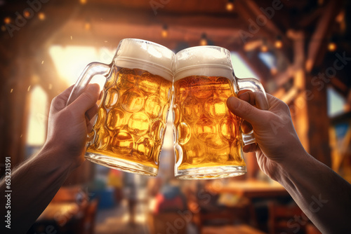 Oktoberfest hands clinking beer glasses. cheers, friends happily hang out in festival, Oktoberfest and International beer day concept