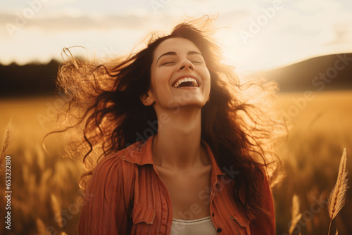  Beautiful smiling carefree woman with opened arms in a meadow © Jasmina