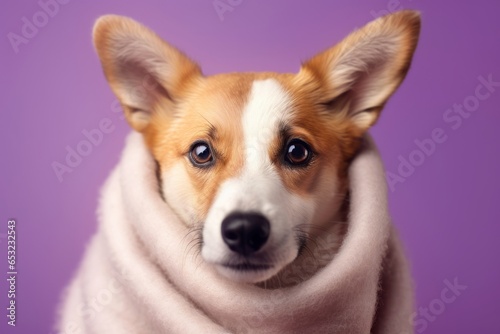Close-up portrait photography of a cute norwegian lundehund wearing a thermal blanket against a lilac purple background. With generative AI technology © Markus Schröder