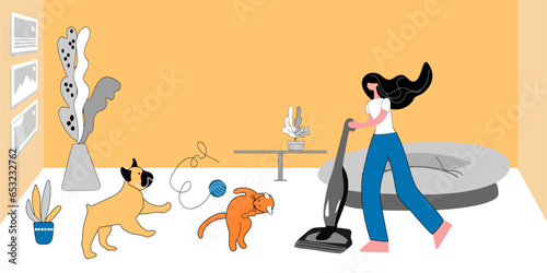 A woman is cleaning, a cat and a dog are playing with a ball of thread./ Vector illustreation photo