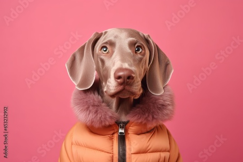 Medium shot portrait photography of a cute weimaraner dog wearing a puffer jacket against a coral pink background. With generative AI technology
