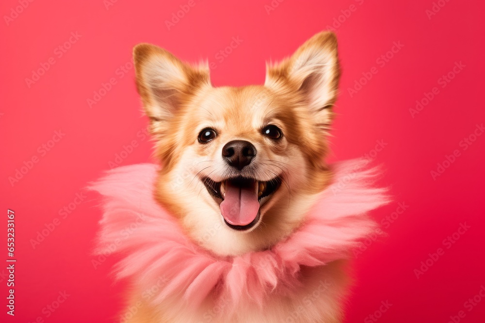 Medium shot portrait photography of a smiling norwegian lundehund wearing a fairy wings against a coral pink background. With generative AI technology