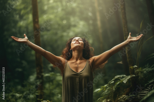 Young beautiful woman with long wavy hair feeling calm and relieved in nature, breathing the fresh air with opened arms