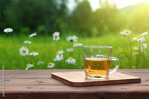 A cup of camomile tea on wooden table and camomile flowers in the morning with nature background.