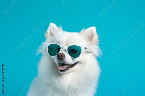 Close-up portrait photography of a funny american eskimo dog wearing a trendy sunglasses against a cerulean blue background. With generative AI technology © Markus Schröder