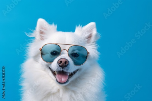 Close-up portrait photography of a funny american eskimo dog wearing a trendy sunglasses against a cerulean blue background. With generative AI technology