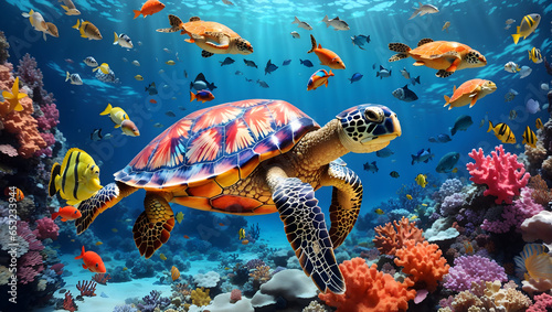 turtle with group of colorful fish and sea animals with colorful coral underwater in ocean. Generative AI
