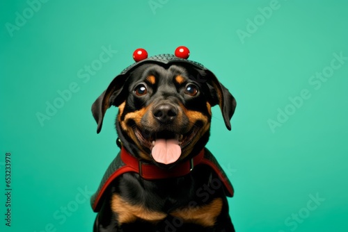 Conceptual portrait photography of a smiling rottweiler wearing a ladybug costume against a spearmint green background. With generative AI technology