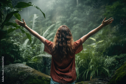 Young beautiful woman with long wavy hair and opened arms feeling calm and relieved in nature, back view