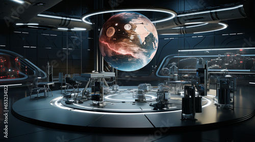 Planet Earth Analysis Hologram Space Exploration Lab Habitat Planet Space Station Facility Alien Sci-fi Expedition Outpost Science Fiction Generative AI