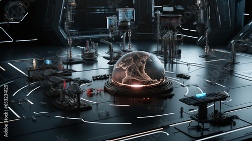 Planet Earth Analysis Hologram Space Exploration Lab Habitat Planet Space Station Facility Alien Sci-fi Expedition Outpost Science Fiction Generative AI