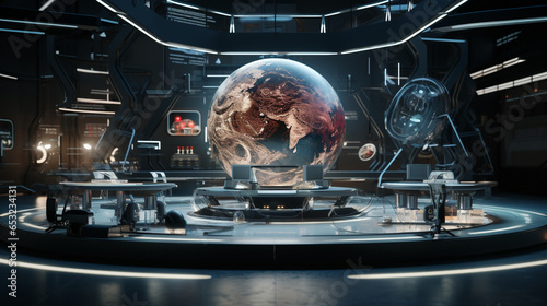 Planet Earth Analysis Hologram Space Exploration Lab Habitat Planet Space Station Facility Alien Sci-fi Expedition Outpost Science Fiction Generative AI