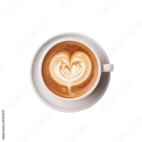 Top view of hot coffee latte cappuccino cup with latte art milk foam isolated on transparent background