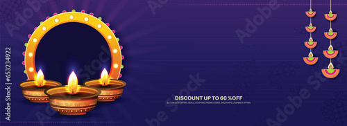 Sale website banner design with realistic oil lamp,indian lady with yellow background for Diwali Festival celebration. photo