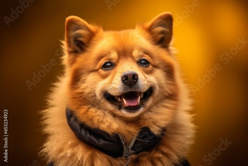 Headshot portrait photography of a happy finnish spitz wearing a puffer jacket against a gold background. With generative AI technology © Markus Schröder