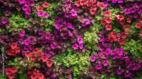 Vertical garden nature backdrop, red and purple petunias flowering plant flowers and green leaves wall background.