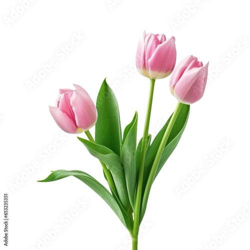 Spring blooming flower pink tulips with green leaves isolated on transparent background © NI