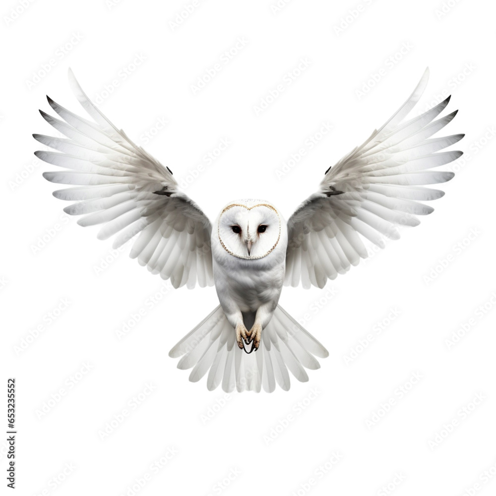 an white barn owl with wings spread - obrazy, fototapety, plakaty 