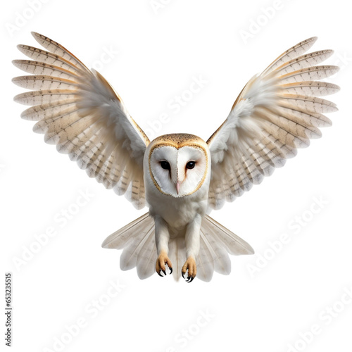 an white barn owl with wings spread