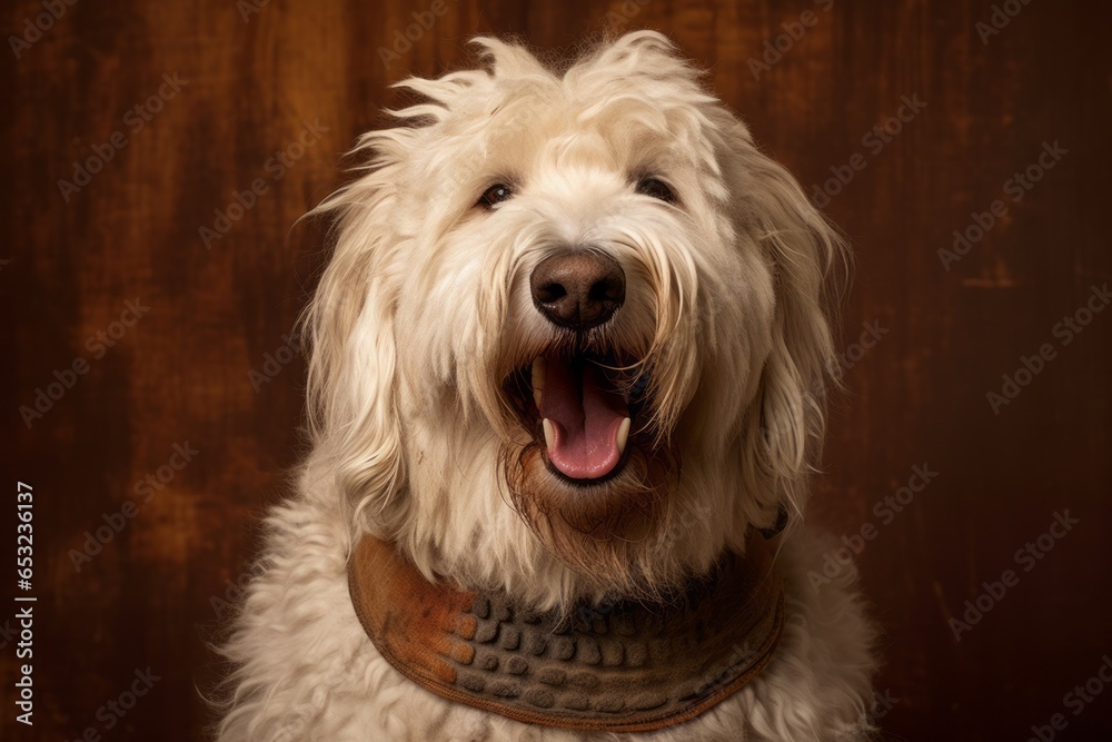 Medium shot portrait photography of a smiling komondor dog wearing a cooling vest against a copper brown background. With generative AI technology