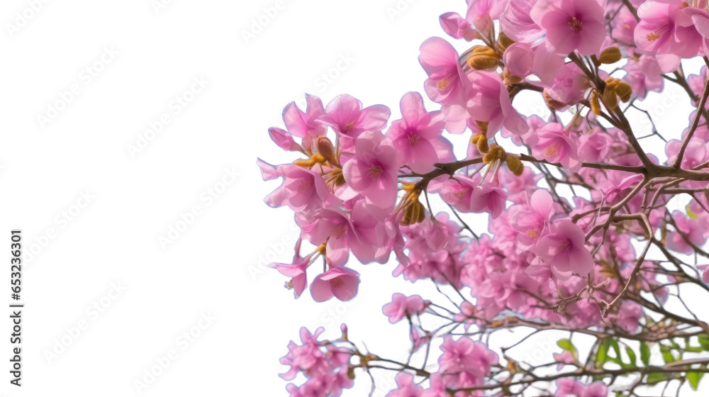 Sakura flowers blooming in springtime, a bunch of wild Himalayan cherry blossom pink flowers on tree twig