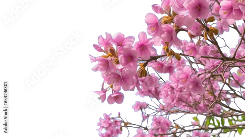 Sakura flowers blooming in springtime, a bunch of wild Himalayan cherry blossom pink flowers on tree twig © NI