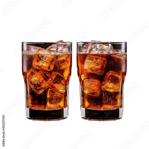 Refreshing bubbly soda pop, set of two top view cold cola glasses isolated on transparent background