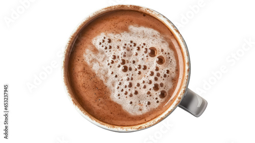 Top view of hot coffee cappuccino blue cup or hot drink cocoa with milk foam and cinnamon powder on blue and white color saucer isolated on transparent background