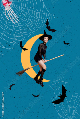 Vertical picture collage art of young flying broomstick woman traditional halloween witch costume death symbol isolated on blue background