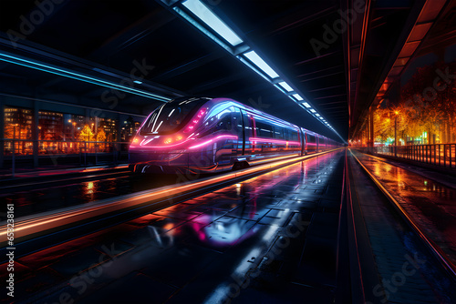 Fast train in the night light, in the neon light. © Nadezda Ledyaeva