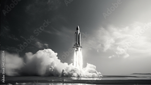 rocket taking off, in the style of daz3d, minimalist black and white, 8k 3d, precisionist lines, chrome-plated, metropolis meets nature, dynamic lines photo