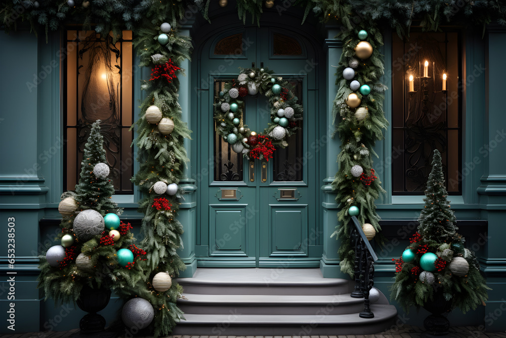 Christmas wreath on the door door to the house and decorations on the stairs