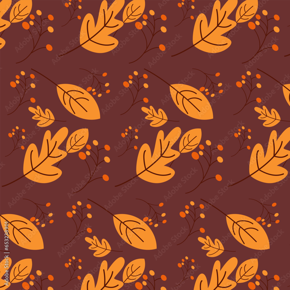Obraz premium Autumn leaves seamless pattern for backgrounds, package designs . Vector handwritten illustration. Oak leaves, brown background .