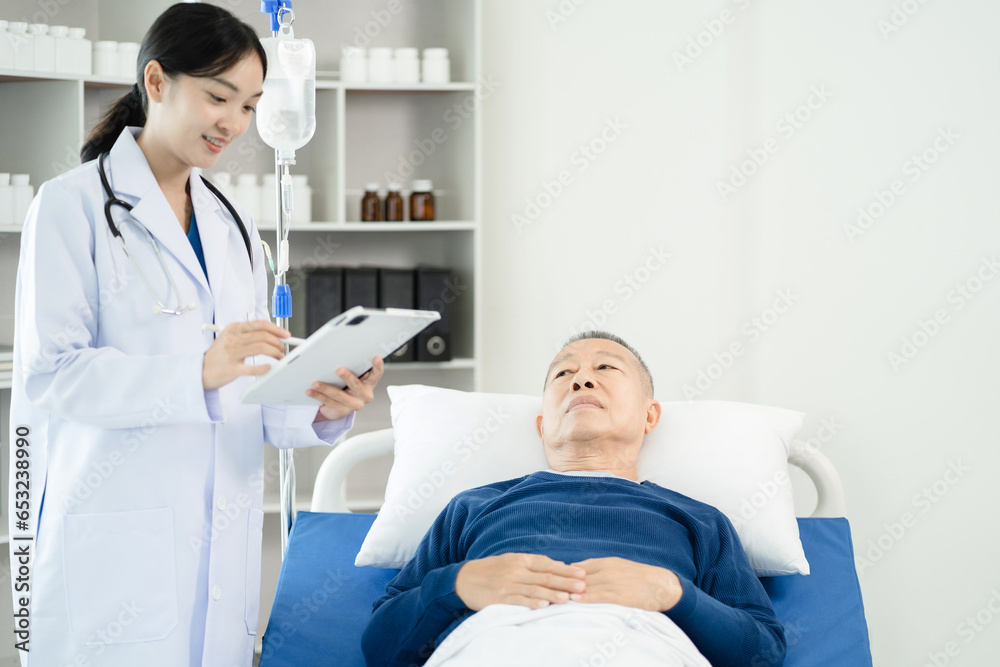 doctor talking with man patient for monitoring and check up after surgery. doctor talking with man patient for monitoring and check up after surgery.