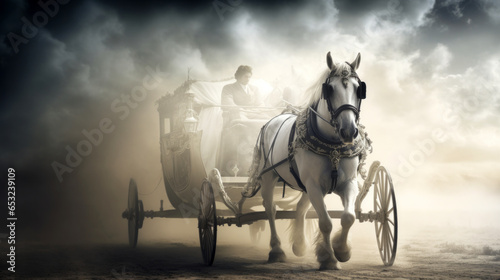 ghostly white horse and carriage with coachman from olden times