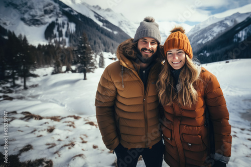 Happy young couple traveler in winterwear on snow mountain , adventure, travel