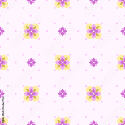 In this seamless pattern, large yellow and pink flowers are arranged interspersed with pink flowers. It is decorated with small circular dots on light pink background, looking pretty, cute and sweet.
