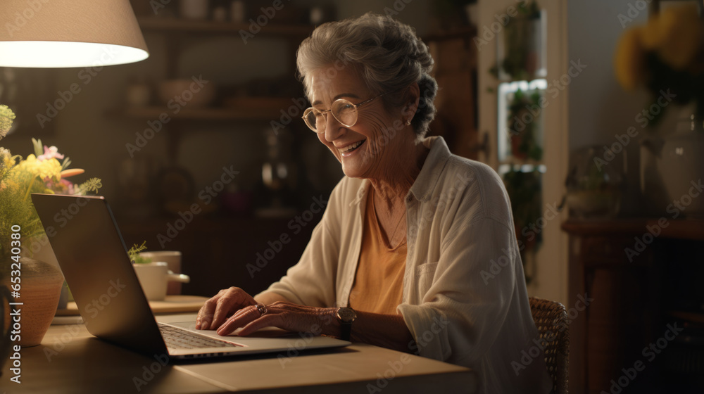 An 82-year-old grandmother happy smile uses her laptop in the kitchen to make video calls with friends of the same age.