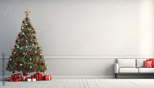 Room with Christmas tree and a couch with space for insert text.